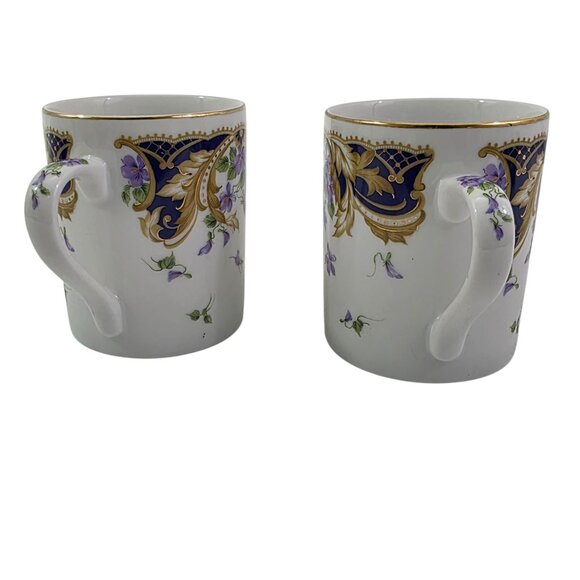 Andrea by Sadek Royal Violets Gold Rim 10 Oz Porcelain Mugs Cups – Set of 2 - Picture 2 of 16